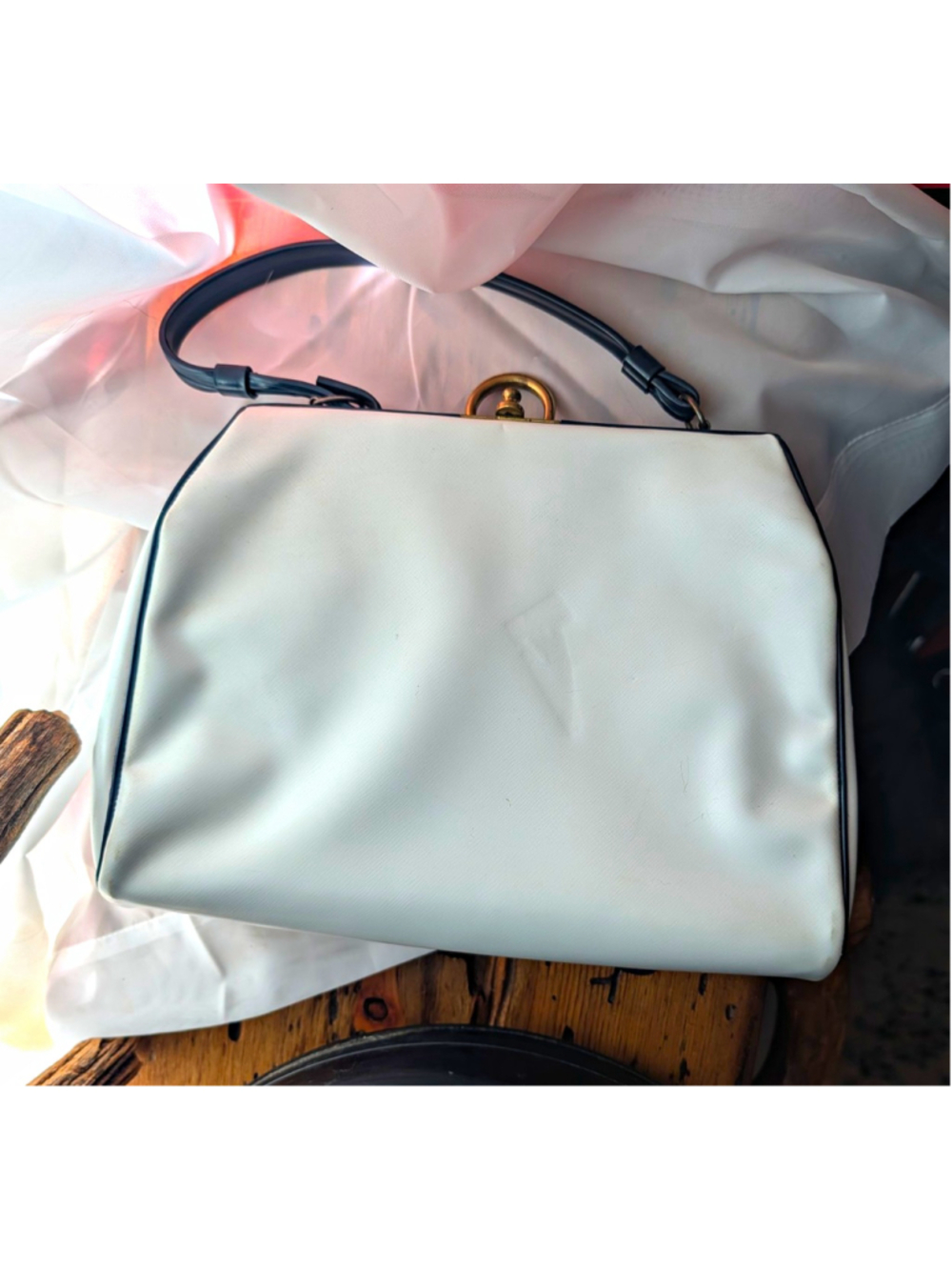 Vintage Structured White Black Handbag Gold Tone WP Hardware Retro Purse